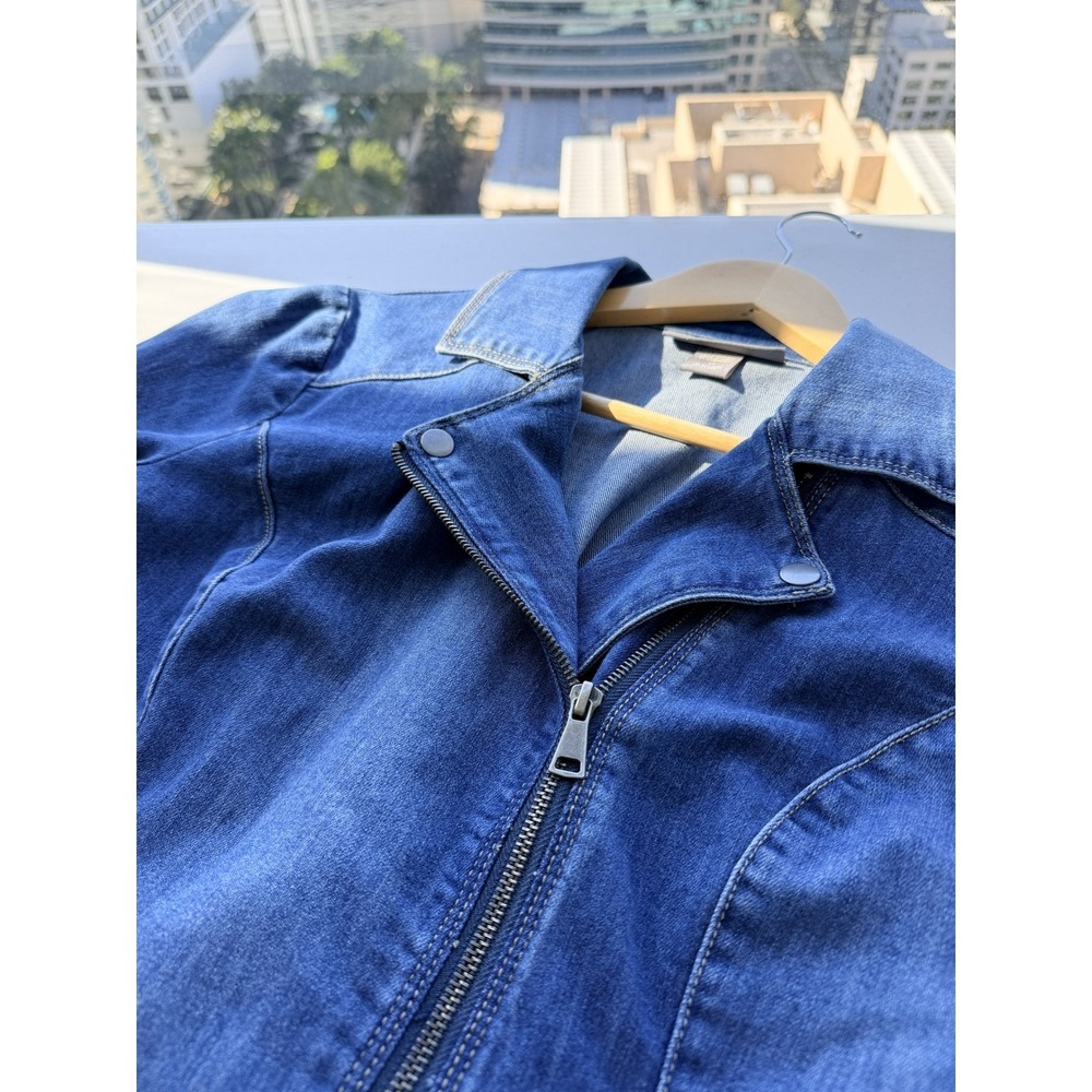Kate & Mallory Denim Moto Jacket M Asymmetrical Zip Stretch Biker 80s Style - Picture 2 of 9